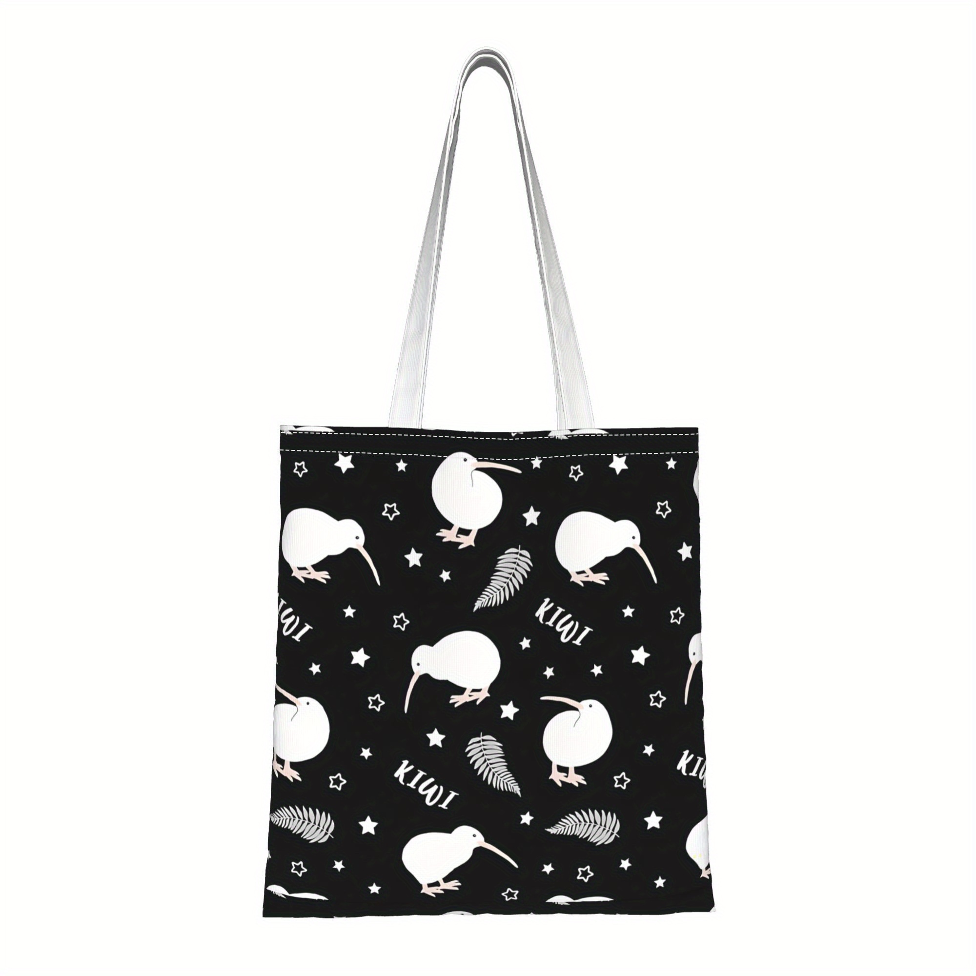 TEMU New Zealand Kiwi Bird Canvas Tote Bag - Reusable Shopping Bag With Handle, Black & White Kiwi & Star Pattern, Durable Shoulder Straps, Ideal For