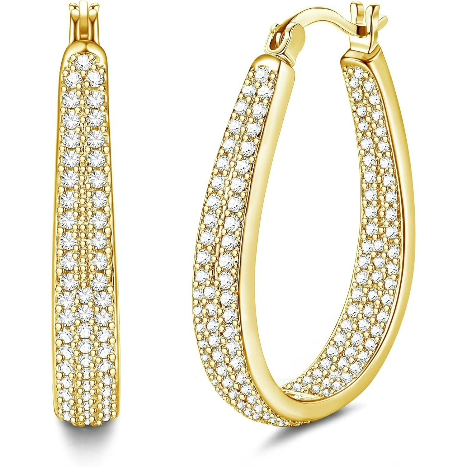 Image of 925 Sterling Silver Post Hoop Earrings For Women Clear Black Cubic Zirconia Oval Chunky Hoop Earrings