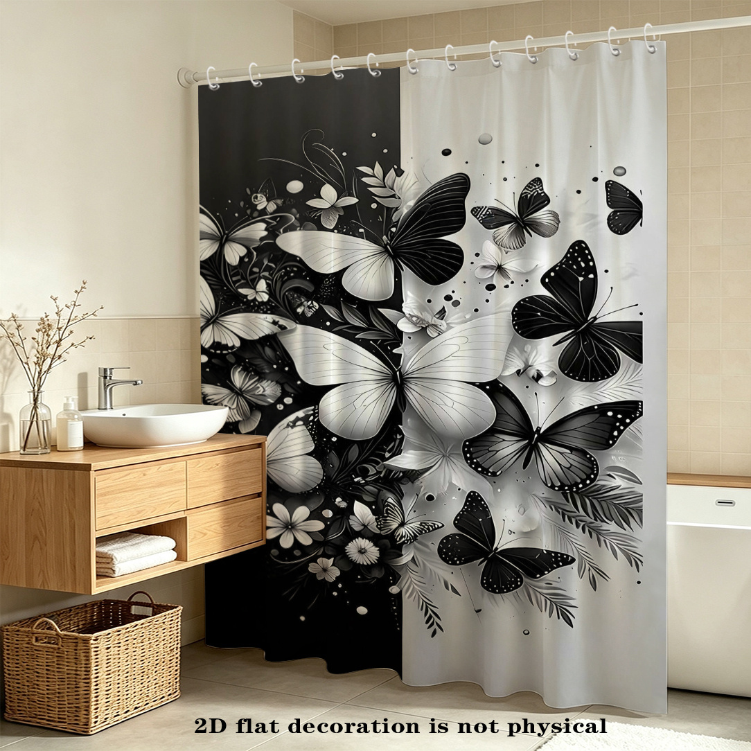 TEMU 2d Flat, 2d Curtain, 1pc, Black And White Background Pattern Shower Curtain, Home Decor, Bathroom Shower Curtain, Multiple Sizes , A Practical