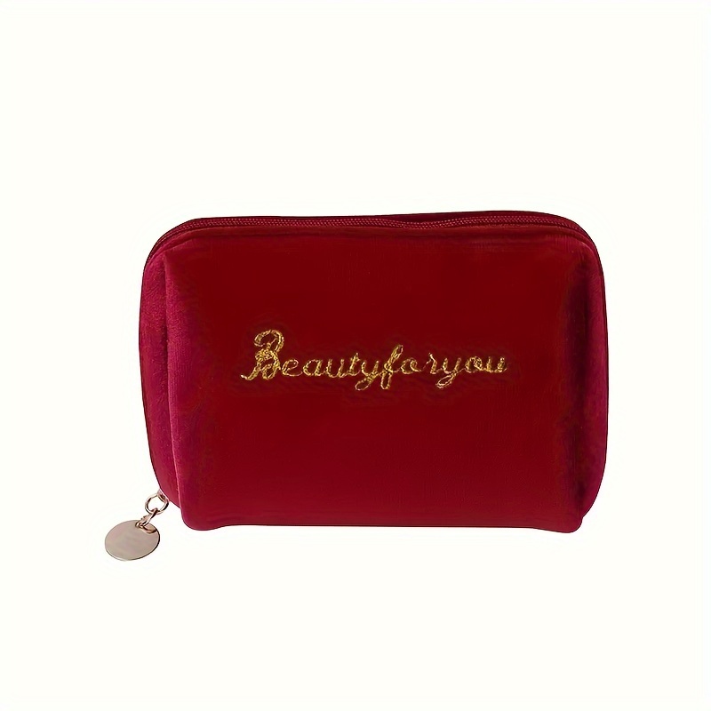 Soft Letter Embroidered Mini Makeup Bag, Zipper Solid Color Cute Makeup Coin Lipstick Storage Bag, Portable Mini Toiletry Bag