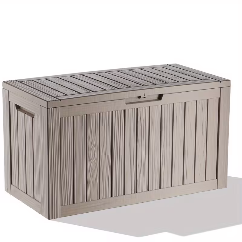 82 Gallon Wood Grain Resin Deck Box - Lockable Outdoor Storage Container