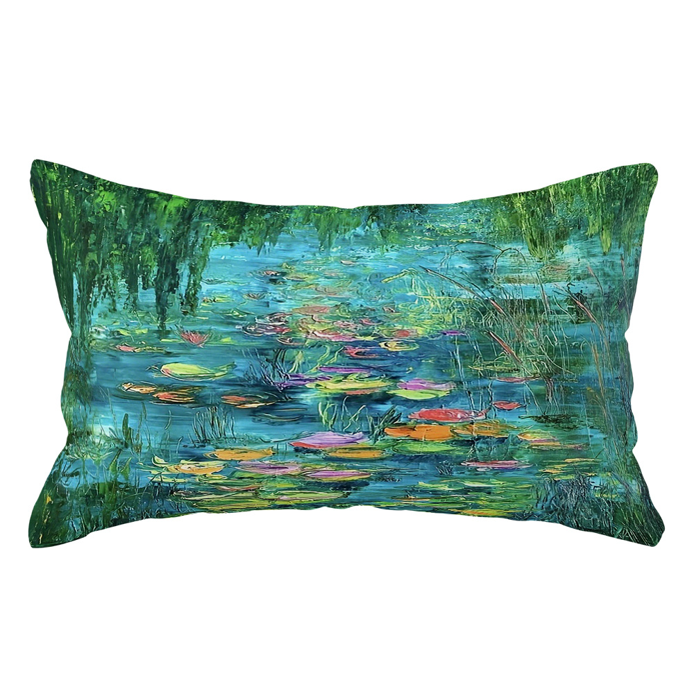 TEMU 1pc Water Lilies Oil Painting Pillow Cover - Contemporary French Artist Decor Cushion Case Suitable For Sofa Bed, Zipper Closure & Machine