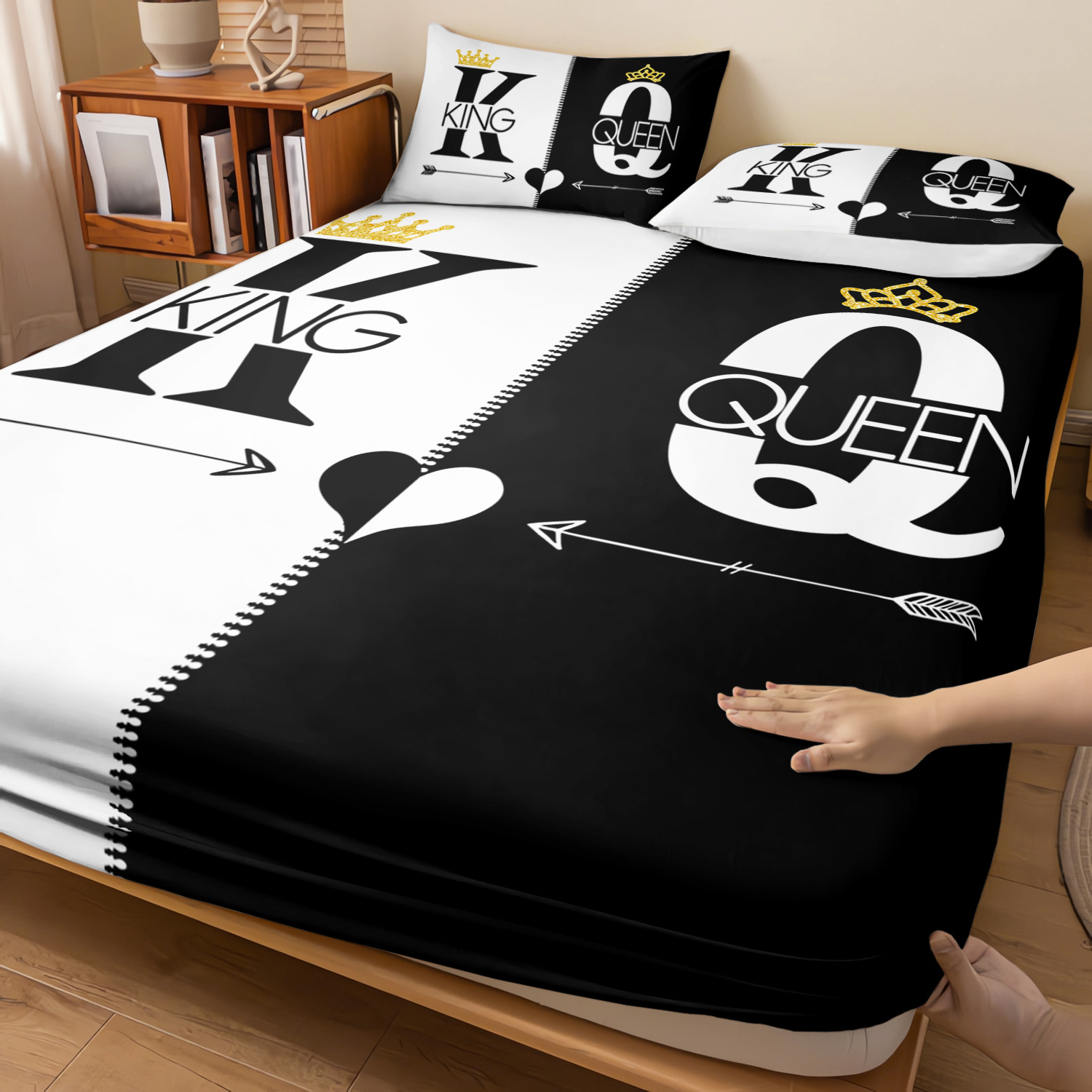 3pcs king queen couple bedding fitted sheets set black white printed bed sheet set for bedroomdormitory and   decorationking and queen   pattern bedding set1 fitted sheet 2 pillowcases without core Product details 1