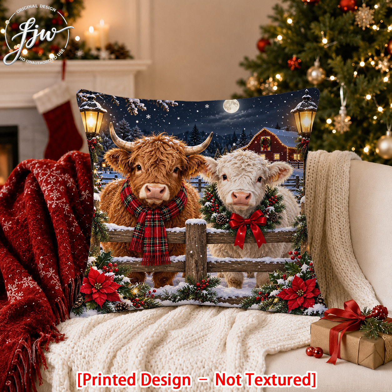 TEMU 2d Flat 1pc Christmas Highland Cow Farmhouse Throw Pillow Cover Decor Warm Holiday Additions Suitable For Sofas, Benches, Bedroom Decoration