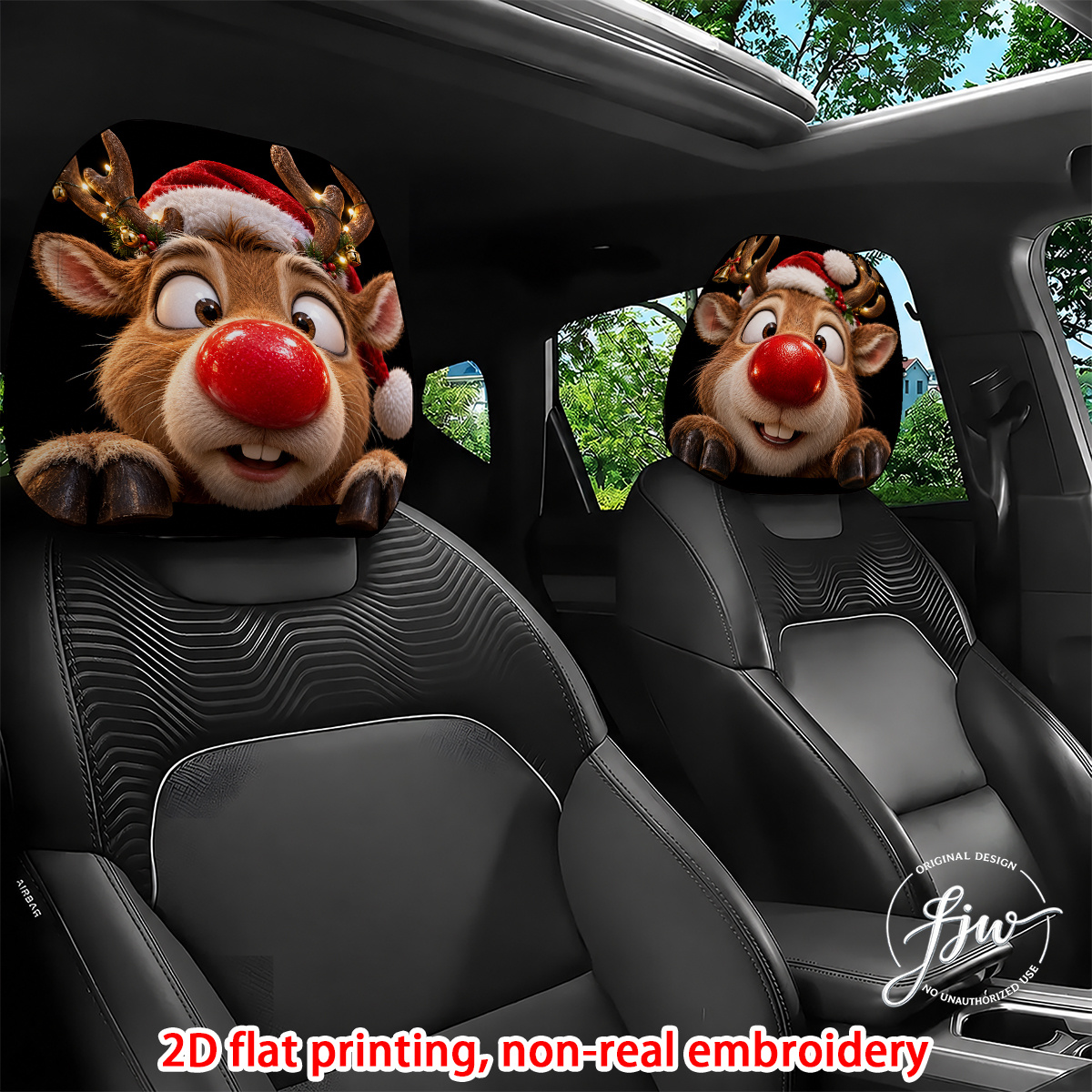 TEMU 2d Flat 2pcs Christmas Reindeer Car Headrest Covers Set Of 2, Interior Decoration With Flexible Design And Suitable For Installation, Ideal For