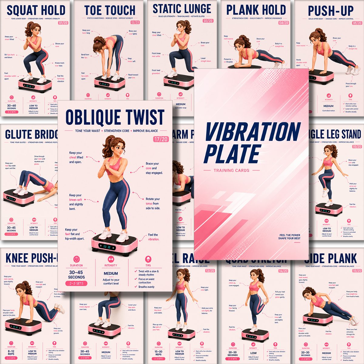 TEMU 21 carte per allenamento con piastra , carte per esercizi a casa compatibili con piattaforme vibranti, carte per allenamento con facili da per