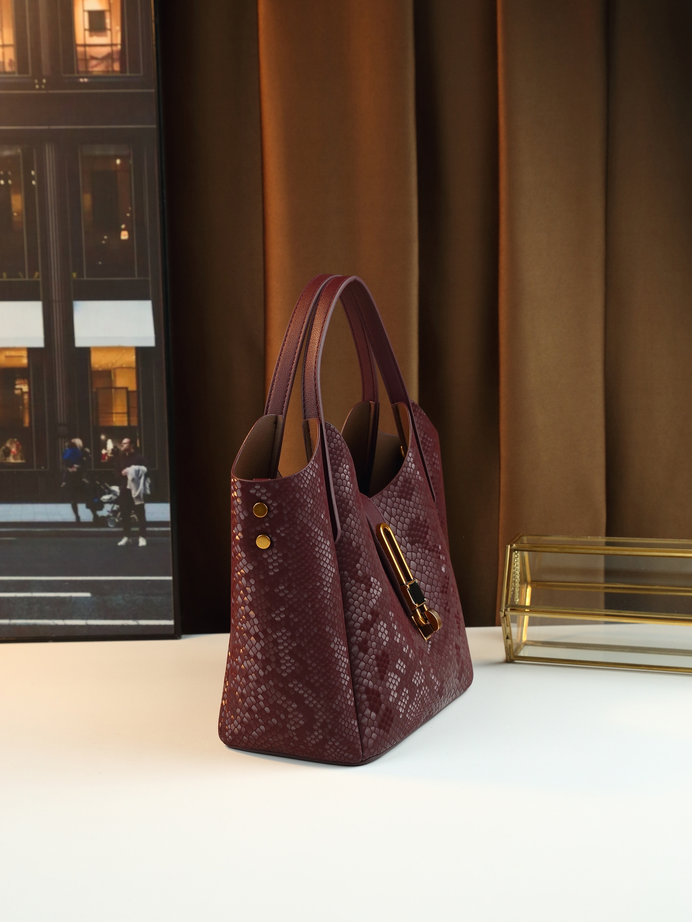 Coffee Gradient Snake Print Bucket Bag full side view