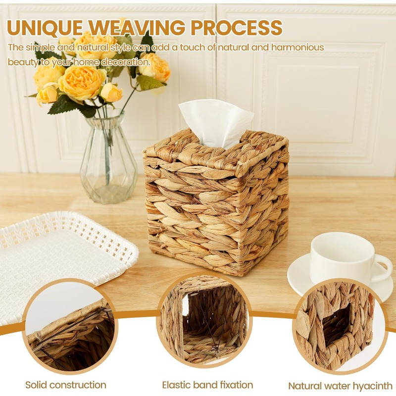 2pcs decorative woven tissue box cover - round woven tissue holder with   lid,   woven texture, durable woven fabric for bathroom, living room, office - decorative tissue dispenser organizer, portable tabletop storage for home & travel, fits standard tissues, rustic modern decor in beige & brown tones, aesthetic facial paper box cover with woven design for   decor, portable for table use, bathroom decor, elegant and functional tissue holder, tissue holder Product details 2