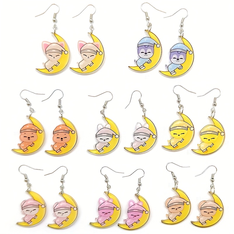 TEMU 2D Plat - 8 Paires/Set Kpop 2D Plat Acrylique Cartoon Boucles d'Oreilles - Bijoux d'Oreilles Pendentif , Design de , Couleurs Vibrantes, Parfait