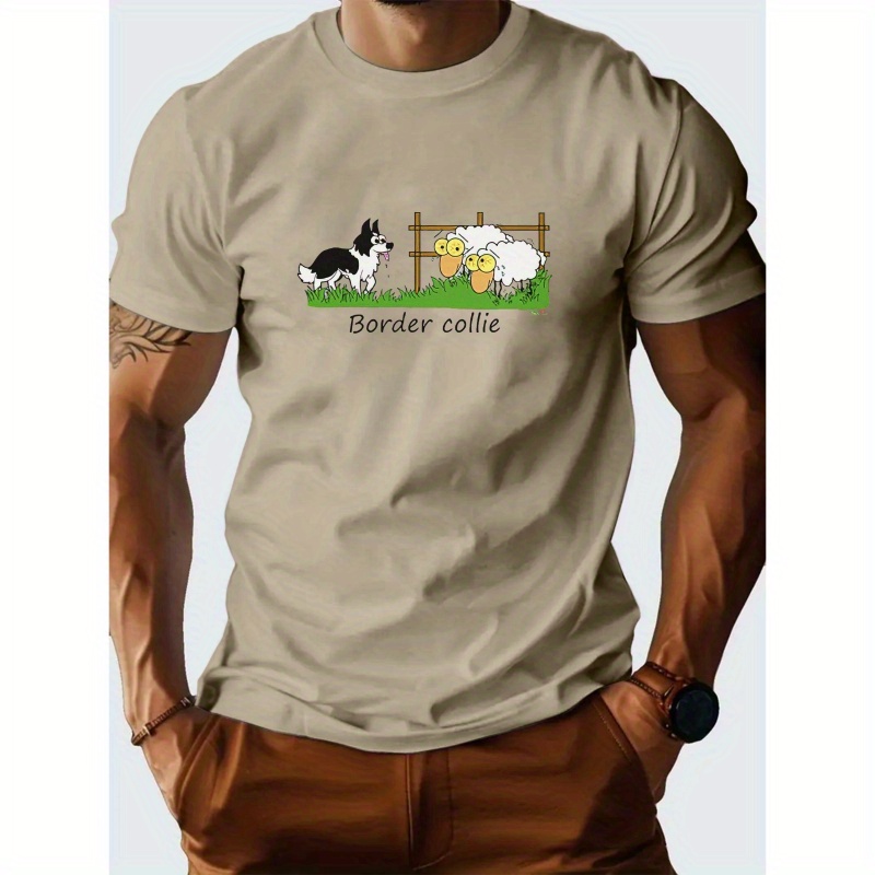 

1pc Sheep Print T-shirt For Men, Casual Crew Neck Short Sleeve Polyester Tee, Knit Fabric Summer Top, Regular Fit Pullover - In