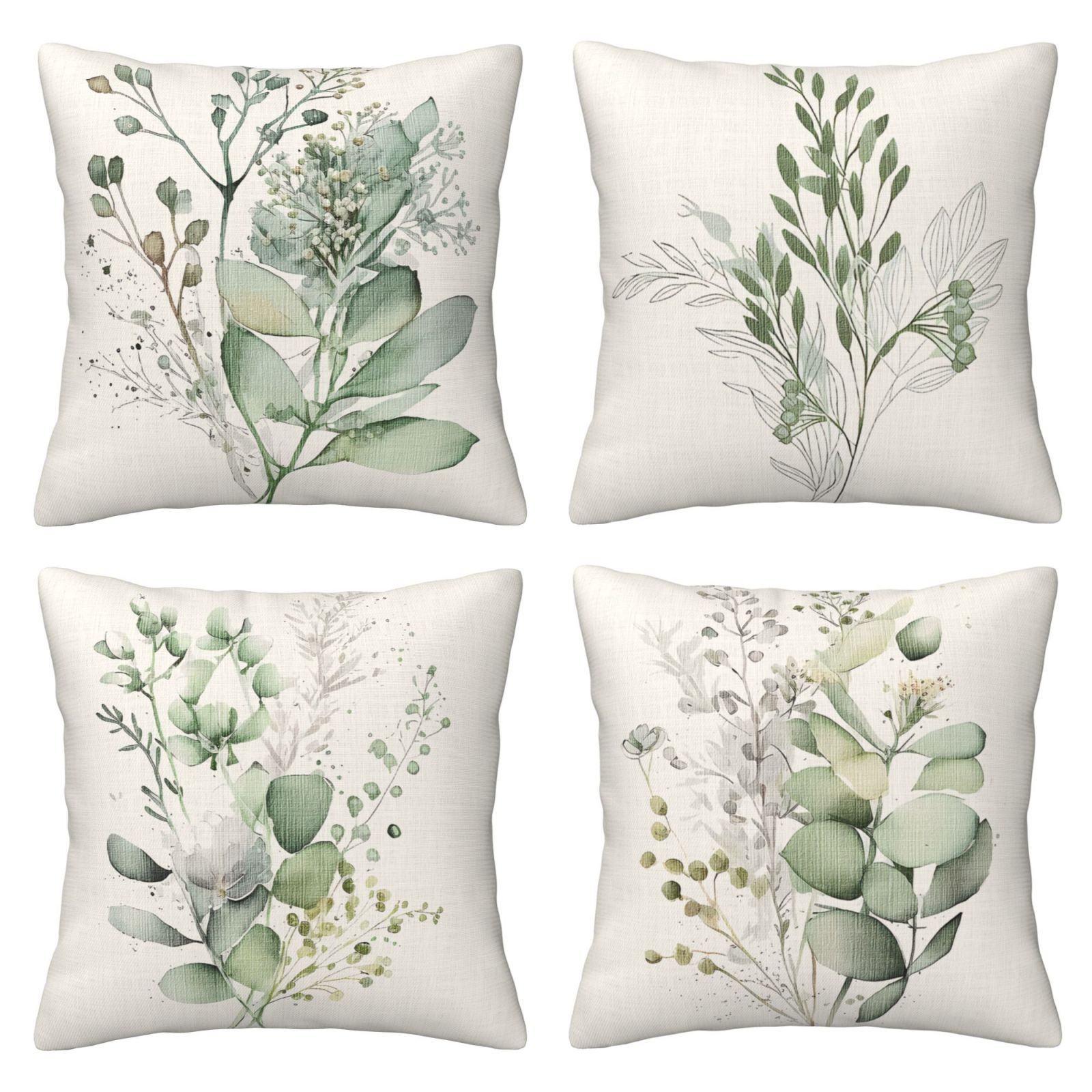 E-shop 4er-Set Kissenbezüge mit grünem Blattmuster für Frühling/Sommer, modernes Aquarelldesign, geeignet für Sofa, Schlafzimmer Wohnzimmerdekor, ohne