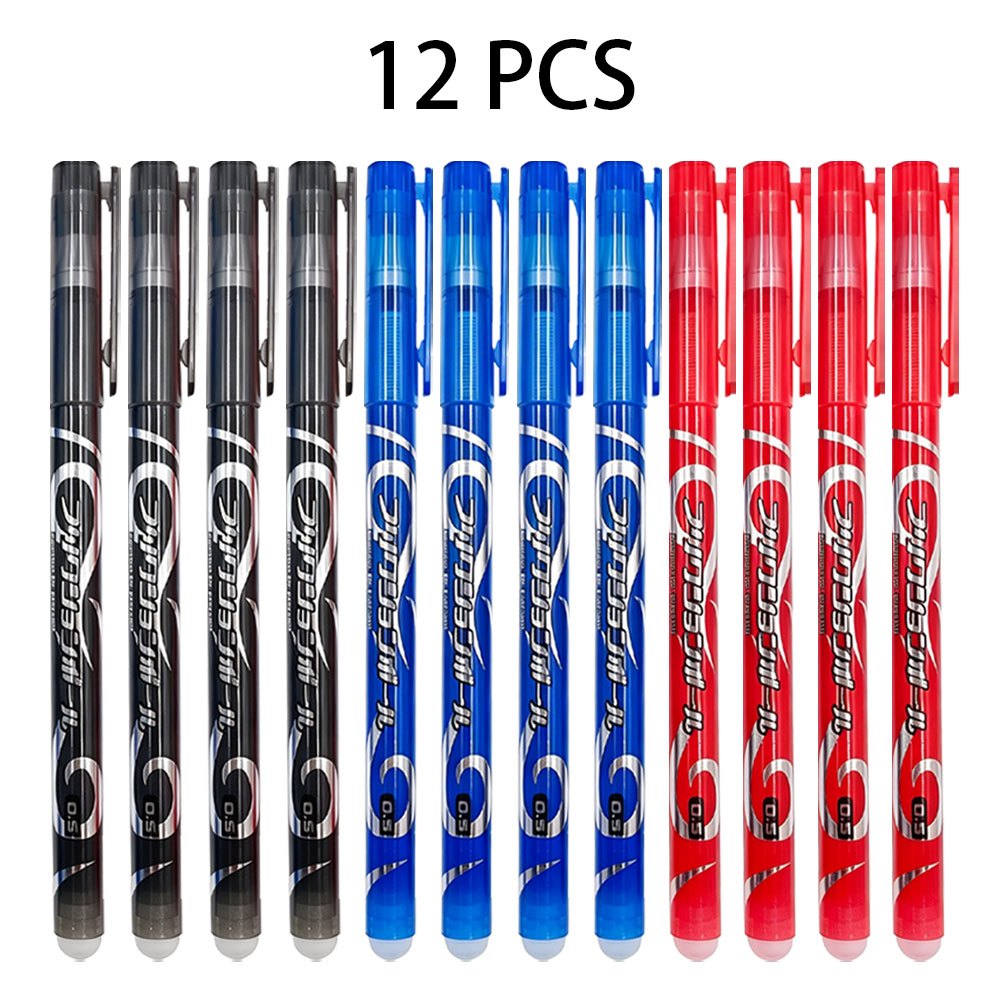 TEMU Lot de 12 stylos gel effaçables à la chaleur à motif texturé brillant, 3 couleurs d'encre noir/bleu/rouge, pointe 0,5 mm avec gomme thermique,