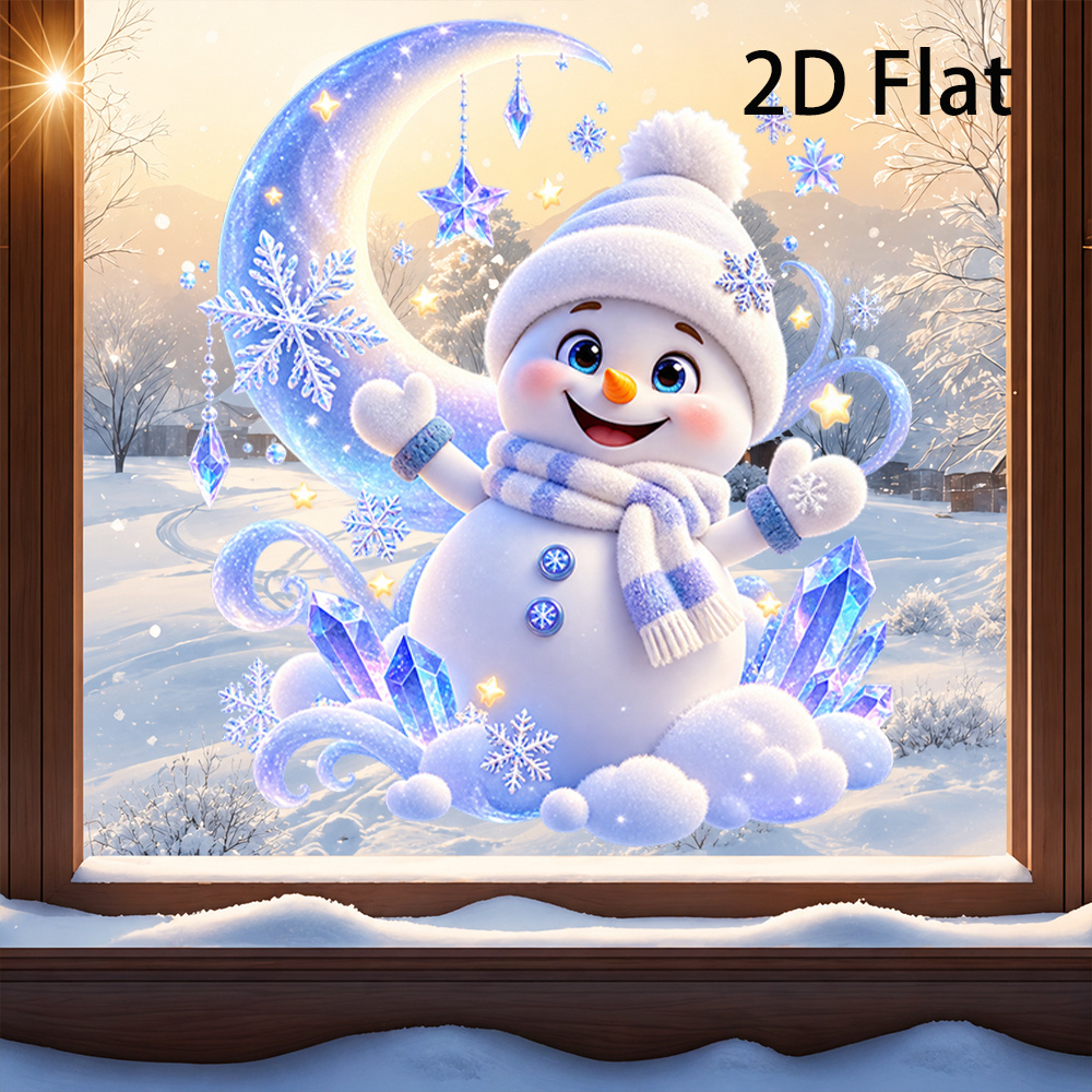 TEMU 2d Flat - 2d Flat - 2d Flat Snowman Window Cling, Blue Scarf And Hat Static Sticker, Snowflake Pattern Window Decal, Stained Glass Effect Window