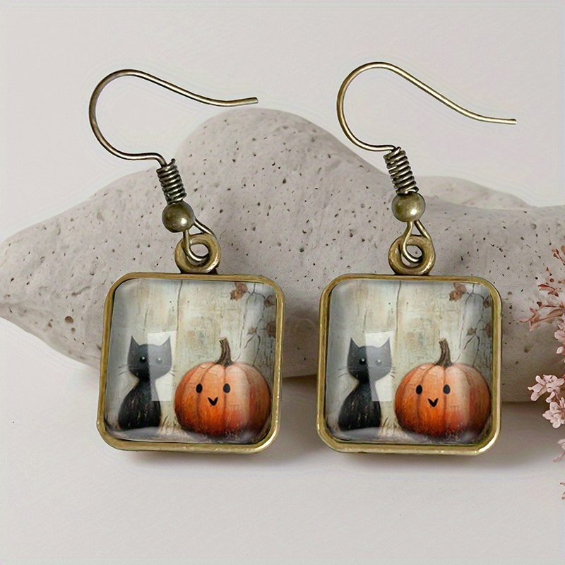 TEMU A Pair Of Vintage Glass Earrings Featuring A And Pumpkin Design, Handmade Jewelry Perfect As A Gift For , Without Battery