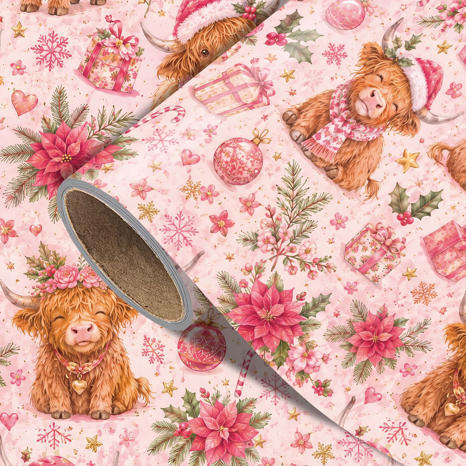 TEMU Rouleau de de Noël Vache - 17.7 X 118 pouces, Papier d'emballage cadeau de Noël avec animaux de ferme et vaches Highland, décorations florales,