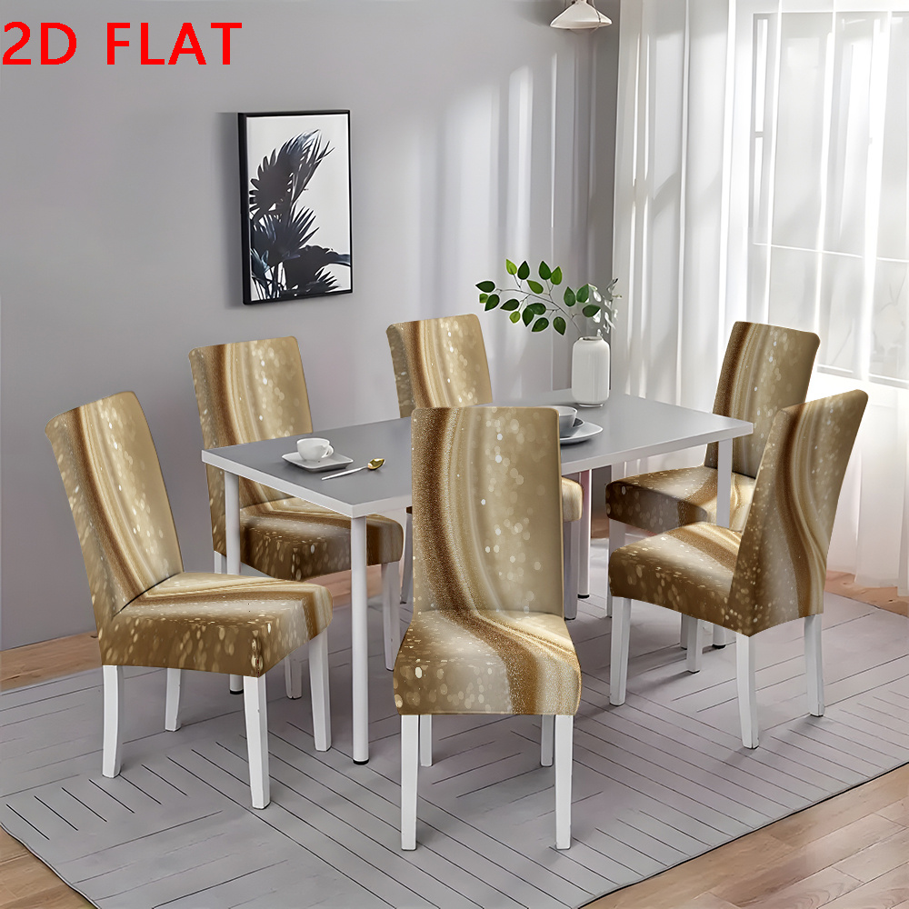 artikel foto elastische stoelhoesjes met een gouden golf- en lichtvlekprintpatroon, geschikt voor het decoreren van stoelen en eetkamerstoelen. ze zijn rekbaar en elastisch, perfect voor huisdecoratie, vakantiedecoraties en feestopstellingen.