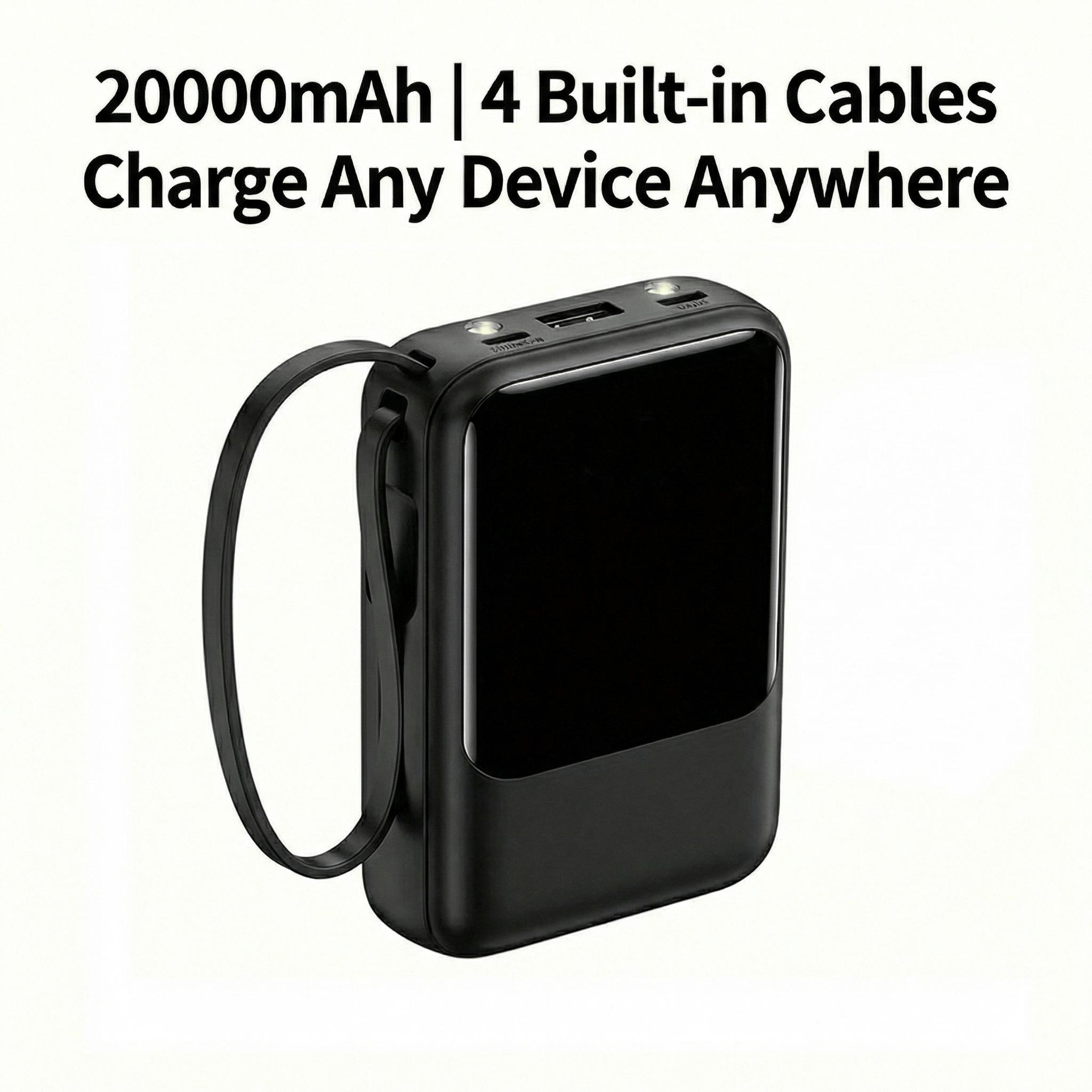 TEMU Portable 20, 000mah Mini Power Bank Featuring 4 Built-in Charging Cables And An Led Light; Compatible And Durable, Designed For -ideal For