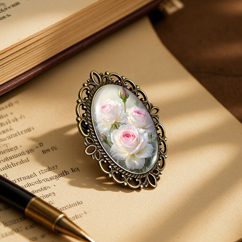 Pink White Rose Blooms Oval Lace-Edged Glass Brooch