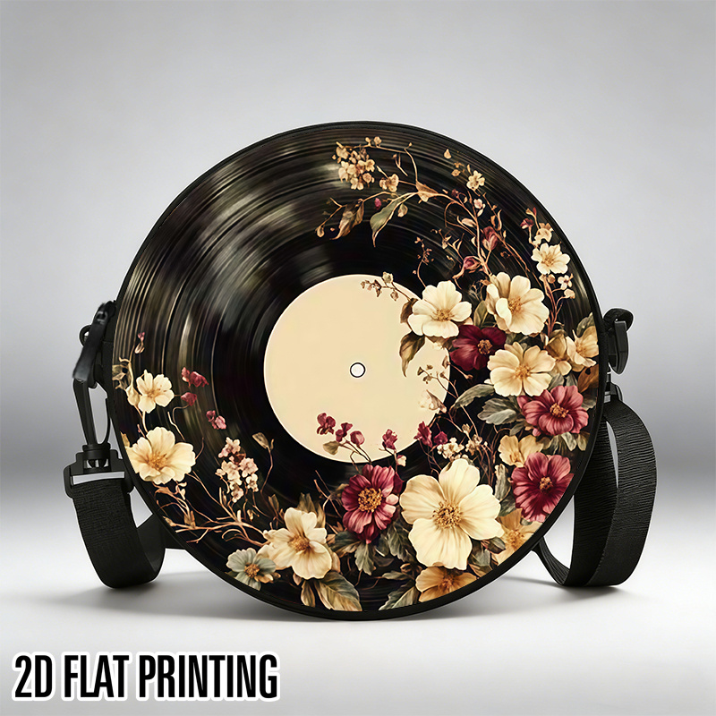 TEMU 2d Flat Printing Vintage Floral Vinyl Record Women' Shoulder Bag, Stylish Round Handbag, Durable Round Crossbody Bag With Zipper, Suitable For