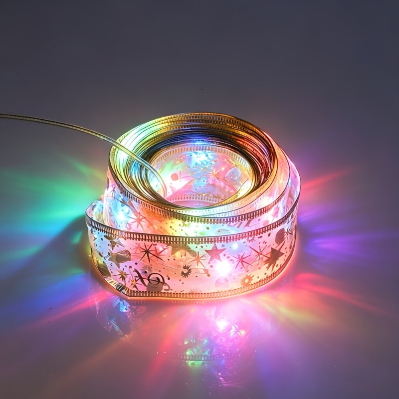 TEMU Guirnalda de luces cálidas con cinta navideña dorada y plateada, luces de cadena a pilas para decoraciones de , fiestas, , árbol de Navidad,