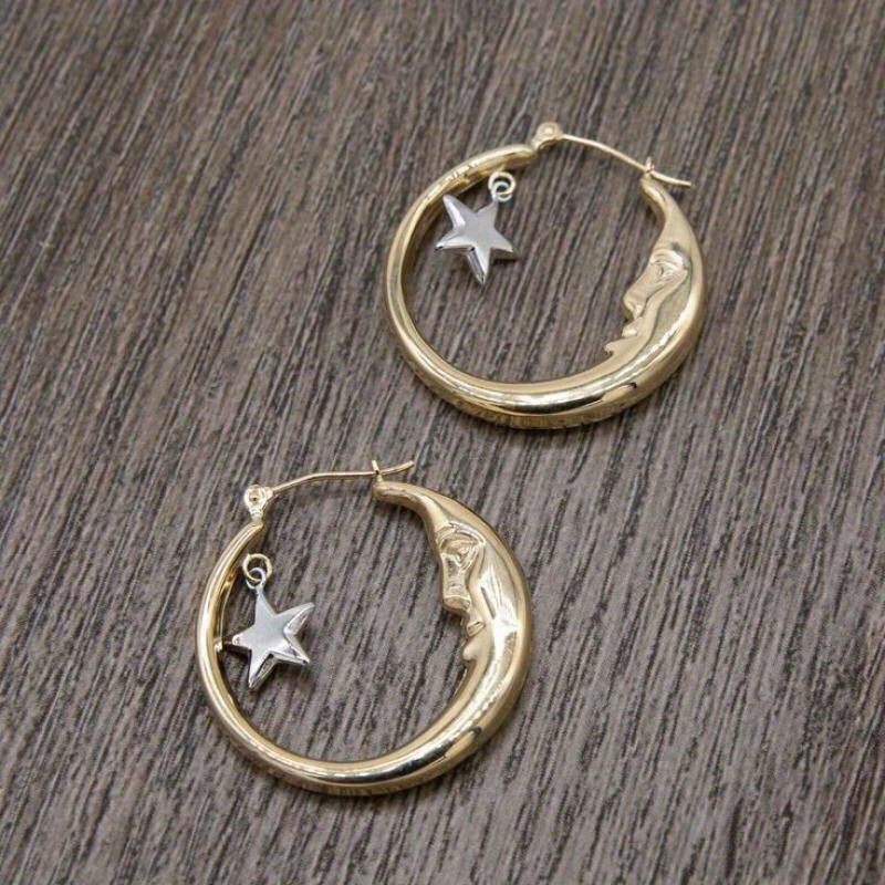 

2pcs Elegant Alloy Hoop Earrings With Star And Charms, Gold-tone Fashion Jewelry For Women, And Parties