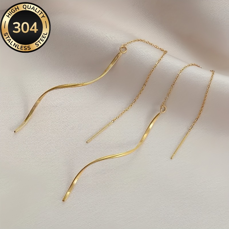 TEMU High Quality Minimalist Golden Screw Threader Earrings For Women Daily Party Banquet Vacation Long Chain Drop Earrings Jewelry Gifts