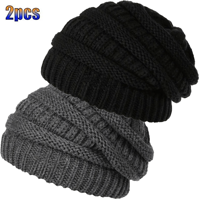 TEMU 2pcs Women's Autumn Winter Loose Pom-pom Hats, Tecey, Women's Soft Warm Hat Set, Black And -block, Suitable For Daily Outdoor Wear