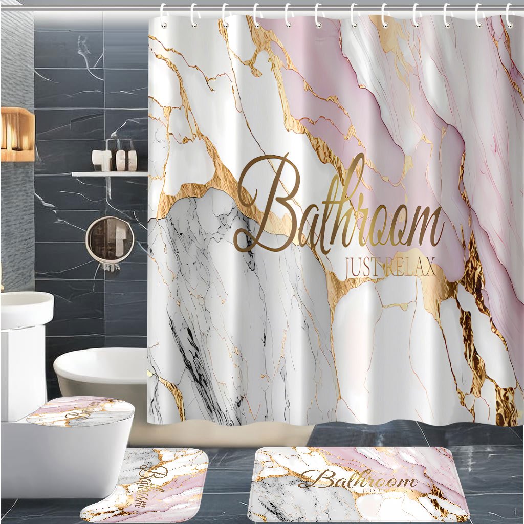 TEMU 4pcs Marble Pattern Shower Curtain Set For Home Decor, Bathroom Decor | Elegant Floor Mat | Durable Bath Mat, Shower Curtain Decor, Bathroom
