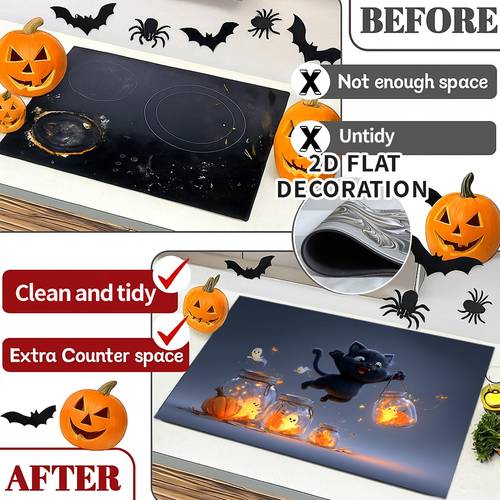 elektroherd-abdeckung mit schwarzer katze & leuchtenden kürbislaternen - 2-in-1 flachpaneel für elektrokochfelder, einfache montage, zu den meisten öfen (halloween, thanksgiving, herbst) – kompatibel mit gängigen haushaltsgeräten, 2d flach