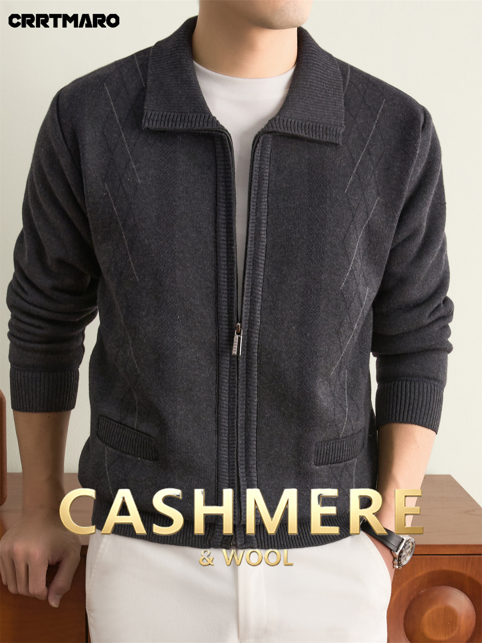 Cartmaro Autumn Winter Knit 3D Solid Color Lapel Sweater, Basic Knit Cardigan for Men, Fashionable Long-Sleeve Jacket GY