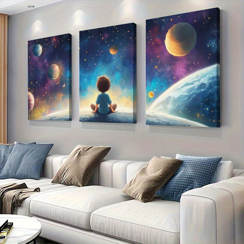 TEMU Set de 3 lienzos planos 2D de exploración espacial - Decoración de pared para habitaciones con estrellas y planetas, desde el , colores