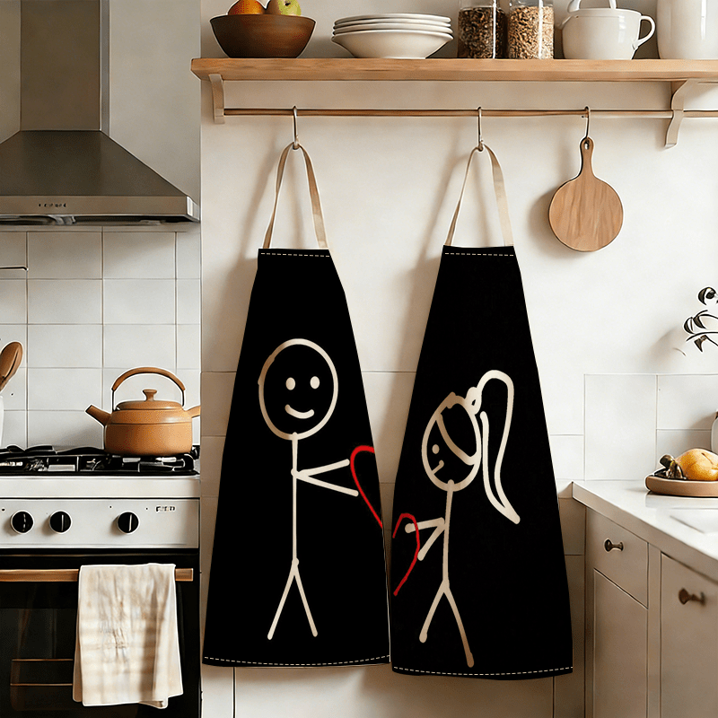 TEMU 1pc/2pcs Couple's Apron With Smiling Couple Holding Sticks And Hearts , Durable And Reusable Kitchen Apron, Holiday Gift, Suitable For Cooking,
