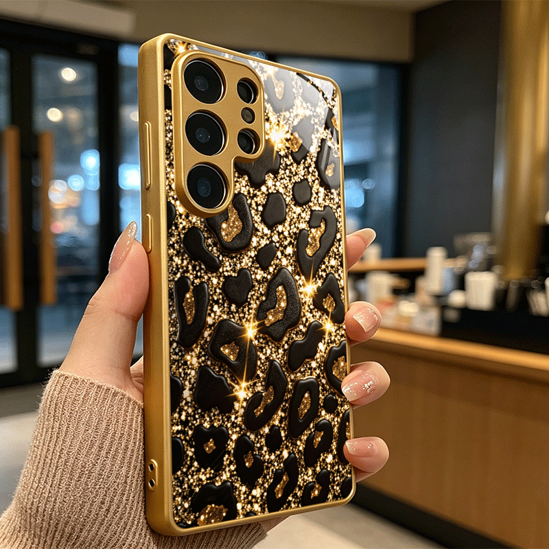TEMU Phone Case - Luxury Leopard Patterned Phone Case Metallic-end Golden Glass Case For Galaxy S26 Ultra/s25 Ultra/s24 Ultra/s23 /s22
