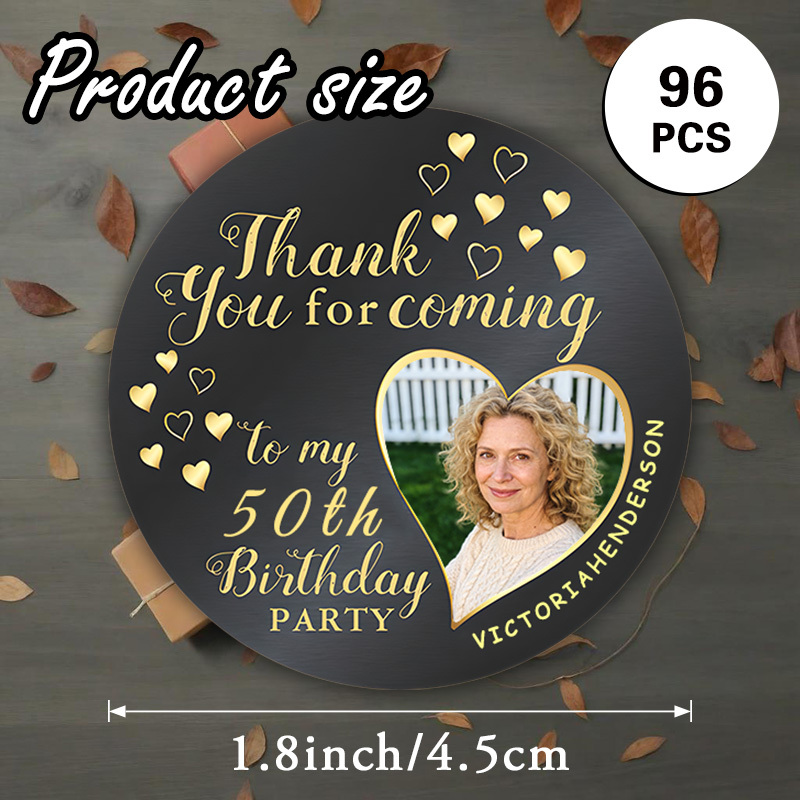 TEMU Custom Birthday Thank You Stickers,personalized Photo Name Age Round Labels,48/96pcs Black Frame Custom Sticker,40th 50th 60th Birthday Party