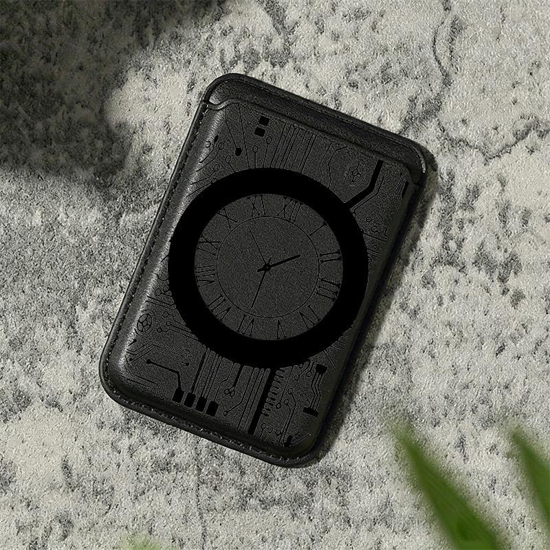 TEMU Magnetic Card Holder For Smartphone, Pu Leather Phone Card Holder With Circuit Board & Clock Design, Strong Magnet, Easy To , Suitable For Daily
