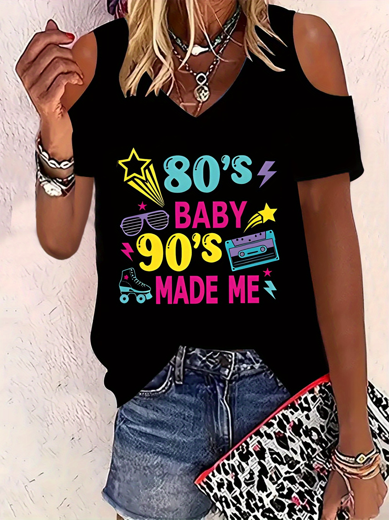 womens retro 80s 90s graphic letter print v neck shoulder t Temu