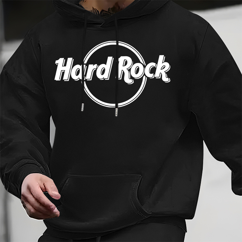 

Hard Rock" Men's Red Hooded Sweatshirt - Casual & Active, Wrinkle-resistant Polyester With Geometric Print, Long Sleeve, Machine Washable - &