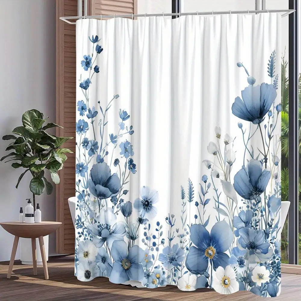 TEMU 2d Flat, 2d Flat, A 2d Printed Shower Curtain With Hooks Featuring A Blue And White Peony Design, Made From Vibrant Watercolor Flowers, Has A