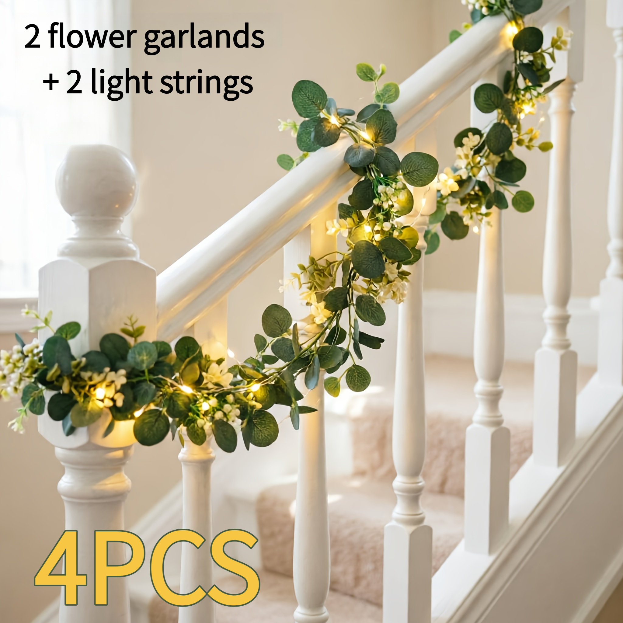 TEMU Halloween/christmas Decor Ofeucalyptus Garlands For Wedding Decoration, 2 Packs, 6ft Plus 2 Battery Boxes, Green Floral Wreath Ornaments,