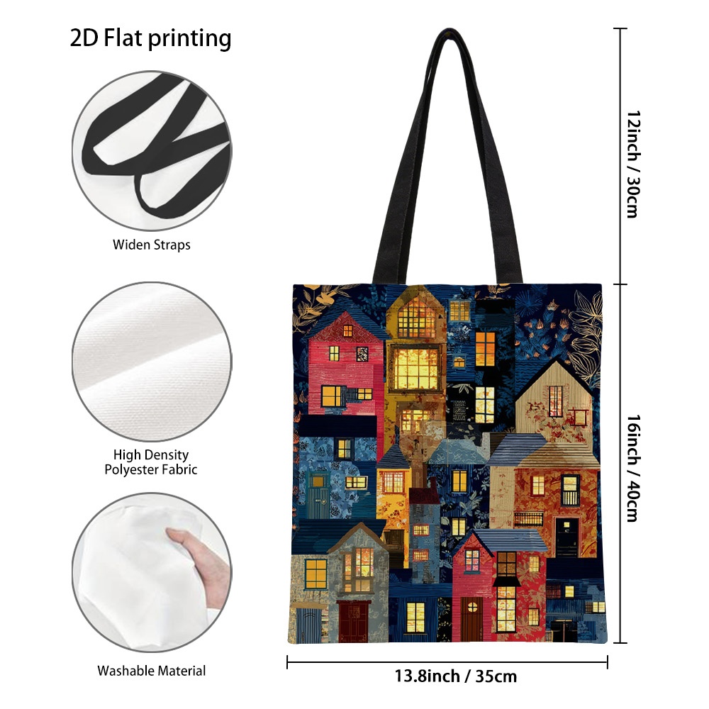 TEMU 1pc Nighttime Colorful Houses Pattern Printed Tote Bag - Fashionable Reusable Grocery Bags With Comfortable Shoulder Straps, Perfect For Travel,
