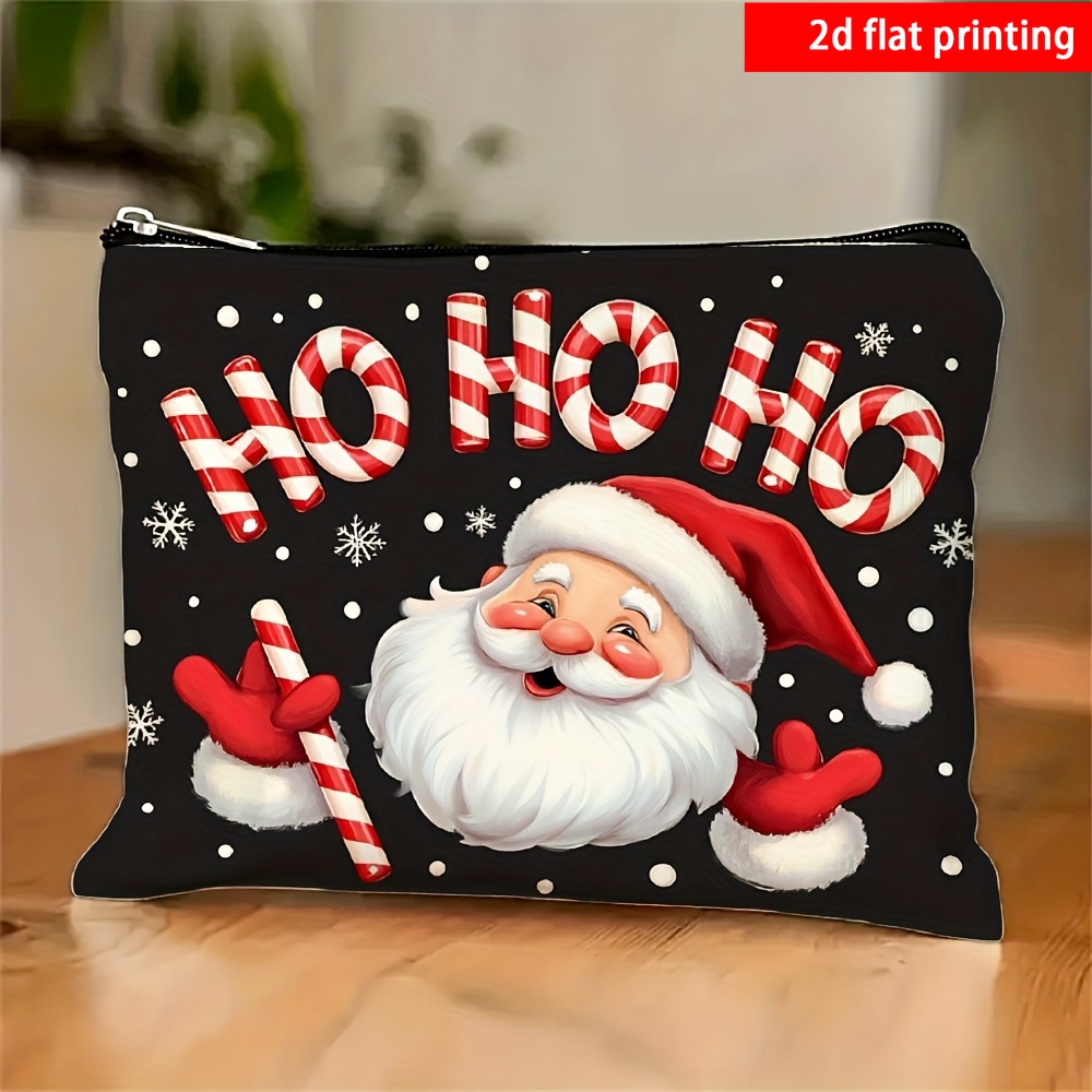 TEMU 2d Flat Printing, 1pc, Christmas-themed Printed Cosmetic Bag, Printed With English Words, Snowflakes, Polka Dots And Santa Claus Patterns,