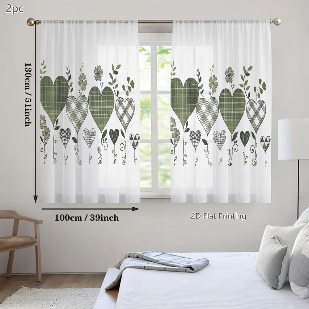 TEMU 2d Flat, 2pcs Spring Summer Small Sheer Curtains, Whimsical Green And Black Heart Pattern With Floral Elements On White Background, For Living