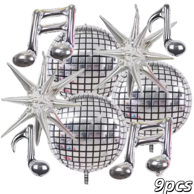 TEMU Party Balloons, 9pcs Per Pack, Silver 4d Disco Balloons With Integrated Exploding Stars And Musical Note Foil Balloons Set. Suitable For Retro