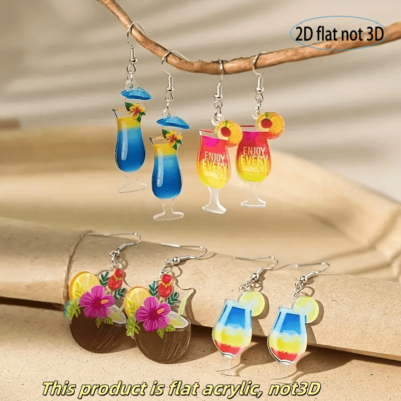 Image of 2d Flat, 4-pair Set Of 2d Acrylic Golf Glass Earrings, Designed With Cocktail, Juice, And Coconut Tree Patterns, Suitable For Women's Parties Or Beach Vacations