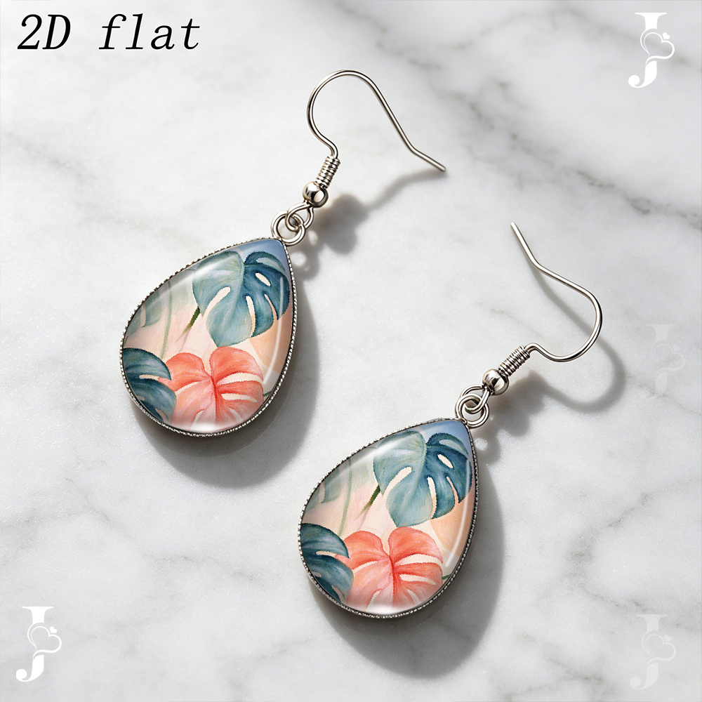 Teardrop Dangle Earrings with Monstera Tropical Plant Pattern