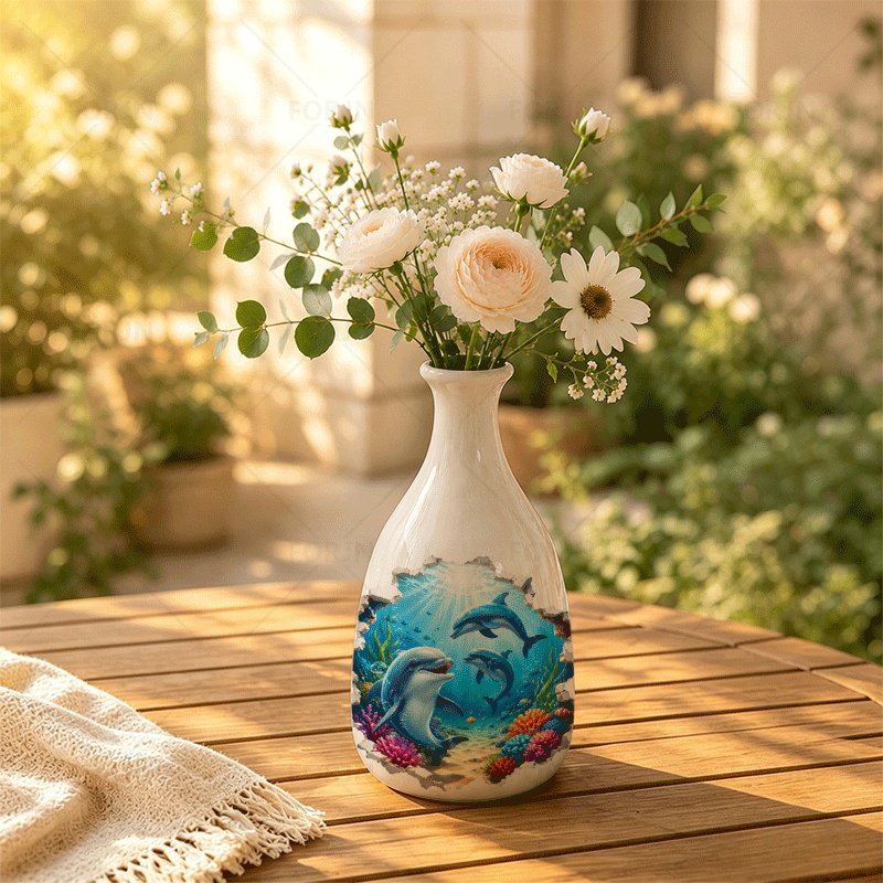 TEMU 1pc Ceramic Vase, Underwater Dolphin Scene , Suitable For Displaying Dried Flowers, It Makes A Gift For Kitchens, Living Rooms, Bedrooms, And