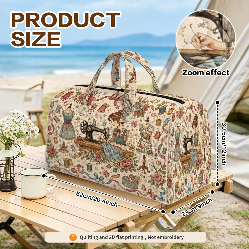 TEMU Bolso Acolchado 2D , 1 pieza, Motivo de de Costura Vintage, Bolso de Viaje Compacto Plegable con Cremallera Duradera, Adecuado para el