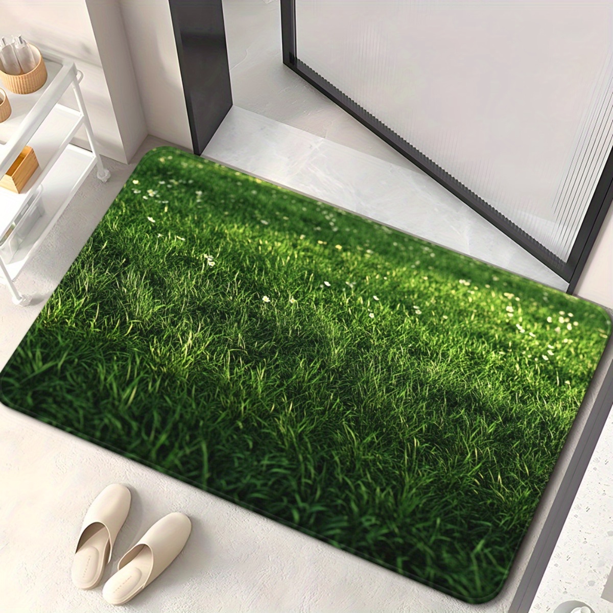 TEMU 1pc Green Grass Outdoor Mat, Non-slip Bathroom Mat, Fiber Absorbent Machine Washable Polyester Carpet, Suitable For Bedroom, Living Room,