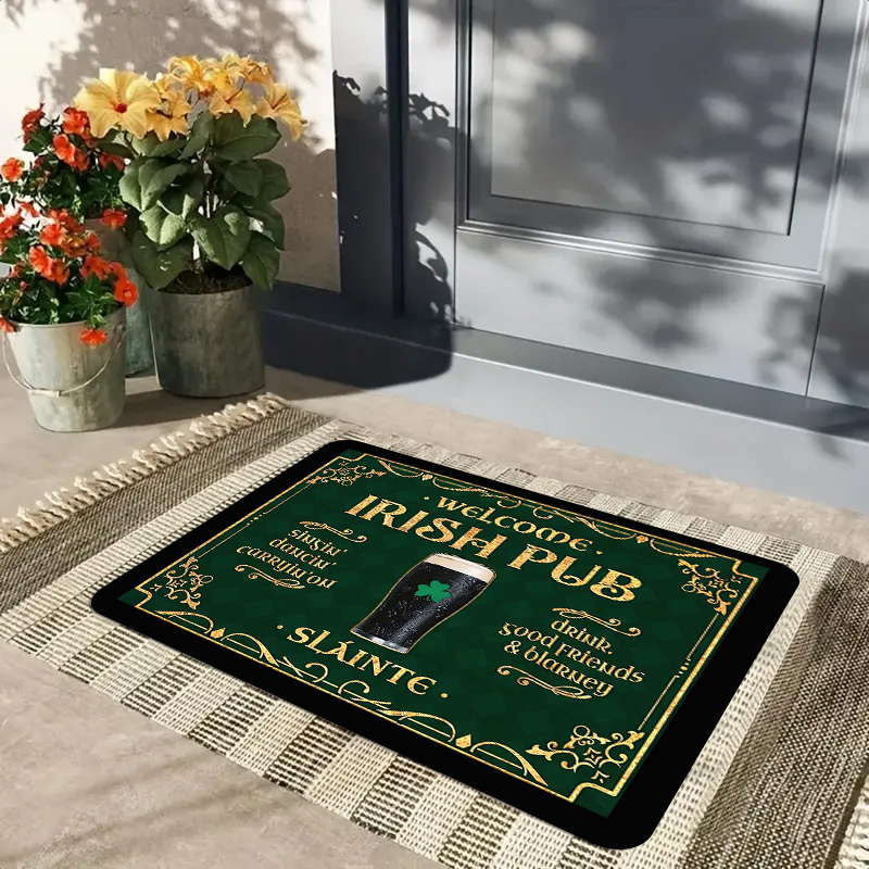 TEMU Vintage Doormat | Made Of Polyester, 1cm Thick With Sponge Padding, Dark Green With Golden Vintage Patterns, Featuring "welcome" And "" Text,