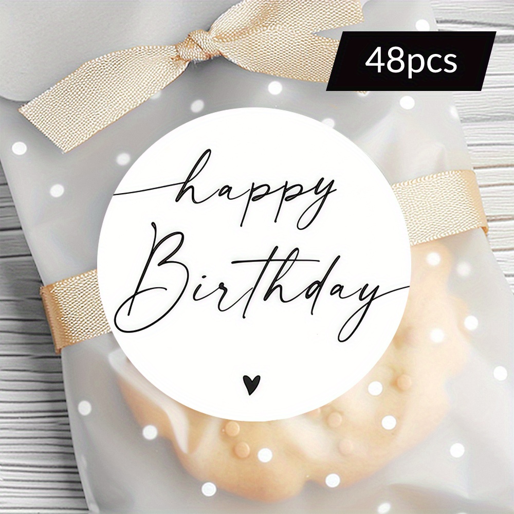 Design For 48/96pcs Of Birthday Wish Stickers Featuring A Handwritten "happy Birthday" And A Small Black Heart, Perfect For Birthday Occasions To Joy